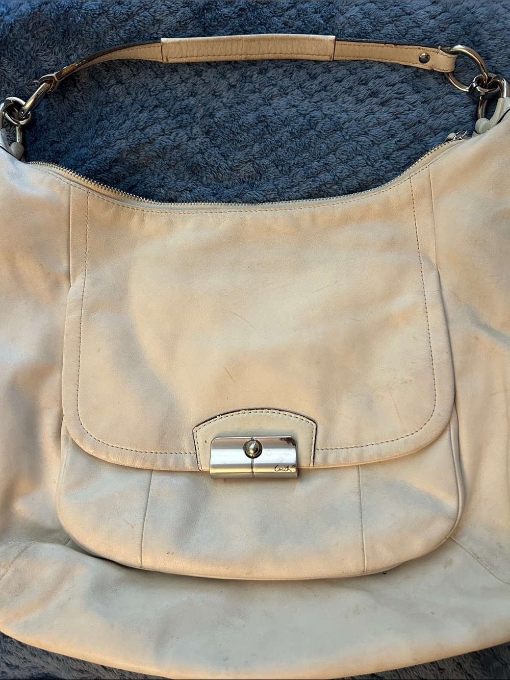 Coach Cream Leather Shoulder Hobo with Silver-Tone Turn Lock